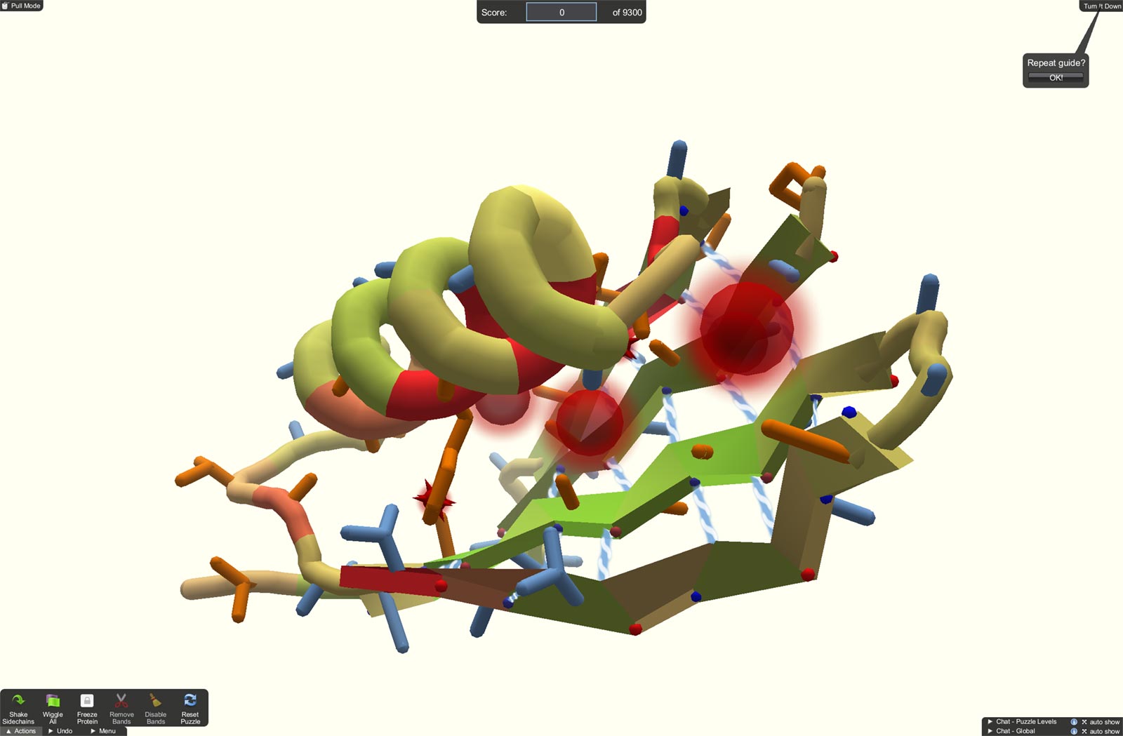 Foldit introductory level introduces the process of freezing. A large red void in the center of the protein shows empty space to be filled.